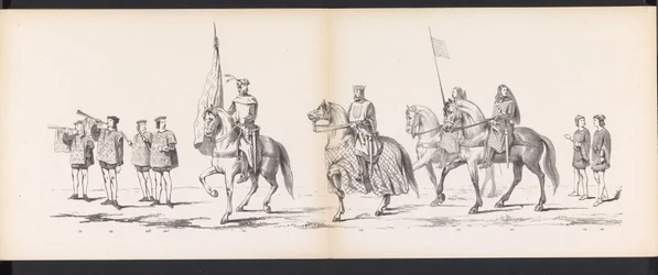 Máscara dos estudantes de Leiden, 1865 (placa 11) Procissão fantasiada realizada pelos membros do corpo estudantil de Leiden em 6 de junho de 1865, em comemoração aos 290 anos da Leidsche Hoogeschool, representando: a entrada dos holandeses b