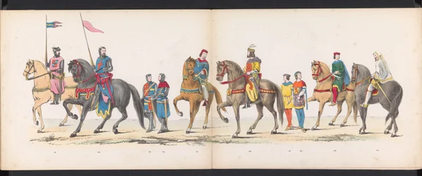 Mascarada dos estudantes de Leiden, 1865 (placa 12)
Desfile com trajes realizados pelos membros do corpo estudantil de Leiden em 6 de Junho de 1865, em celebração do 290º aniversário da Universidade de Leiden, retratando: a entrada dos holandeses b