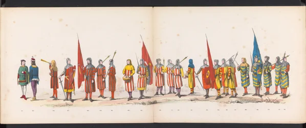 Máscara dos estudantes de Leiden, 1865 (placa 13) Procissão fantasiada realizada pelos membros do corpo estudantil de Leiden em 6 de junho de 1865, em comemoração aos 290 anos da Leidsche Hoogeschool, representando: a entrada dos holandeses b