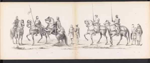 Máscara dos estudantes de Leiden, 1865 (ilustração 14) Procissão fantasiada realizada pelos membros do corpo estudantil de Leiden em 6 de junho de 1865, em comemoração aos 290 anos da Leidsche Hoogeschool, representando: a entrada dos holandeses b