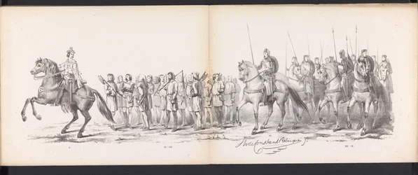 Máscara dos Estudantes de Leiden, 1865 (placa 15) Procissão fantasiada realizada pelos membros do corpo estudantil de Leiden em 6 de junho de 1865, em comemoração aos 290 anos da Leidsche Hoogeschool, representando: a entrada dos holandeses b
