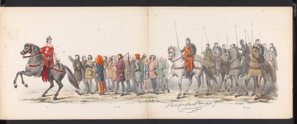 Mascarada dos estudantes de Leiden, 1865 (placa 15)
Desfile com trajes realizados pelos membros do corpo estudantil de Leiden em 6 de Junho de 1865, em celebração do 290º aniversário da Universidade de Leiden, retratando: a entrada dos holandeses b