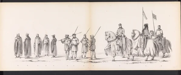 Máscara dos estudantes de Leiden, 1865 (placa 3) Procissão fantasiada realizada pelos membros do corpo estudantil de Leiden em 6 de junho de 1865, em comemoração aos 290 anos da Leidsche Hoogeschool, retratando: a entrada dos holandeses em
