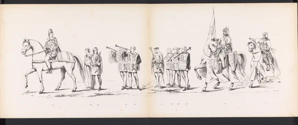 Máscara dos Estudantes de Leiden, 1865 (placa 6) Procissão fantasiada realizada pelos membros do corpo estudantil de Leiden em 6 de junho de 1865, em comemoração aos 290 anos da Leidsche Hoogeschool, retratando: a entrada dos holandeses em