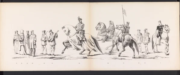 Máscara dos Estudantes de Leiden, 1865 (placa 8) Procissão fantasiada realizada pelos membros do corpo estudantil de Leiden em 6 de junho de 1865, em comemoração aos 290 anos da Leidsche Hoogeschool, retratando: a entrada dos holandeses em