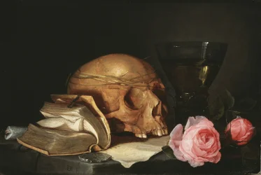 Uma Vanitas Still Life com um crânio, um livro e rosas, c.1630