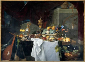 Uma sobremesa de mesa morta coberta de pratos com instrumento musical. Pintura de Jan David Heem (1606-1684) 1640 Sol. 1,49x2,03 m