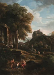 Uma paisagem clássica com figuras em primeiro plano, ruínas à esquerda e uma figura no centro fazendo um sacrifício (óleo sobre tela)