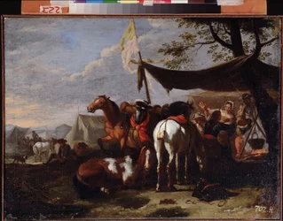 "Groupe de cavaliers au campement" (Um Campo de Cavalaria) Peinture de Jan Frans van Bloemen (1662-1749) 18eme siecle Far Eastern Art Museum, Khabarovsk Russie