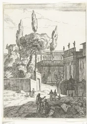 Paisagem italianizada com edifícios e figuras antigas