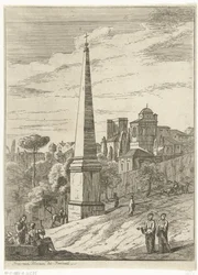 Paisagem italiana com um obelisco e vista da cidade