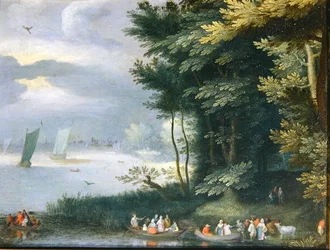 Bancos de um lago com figuras embarcando em barcos a remos (óleo sobre tela)