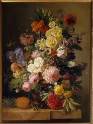 Flores sobre uma consola de mármore com um ananás, Escola Flamenga, século XIX, Fontainebleau, Musée du Château