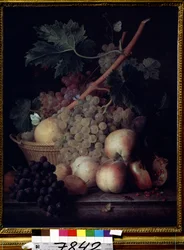 ""Fruits"" Ainda vida de pêssegos, uvas, peras e romãs com borboletas e uma vespa. Pintura de Jean François van Dael (1764-1840) 1808 Museu Pushkin, Moscou