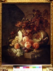 Natureza morta com pêssegos. Pintura de Jan Frans van Son (1658-1718). Óleo sobre tela, 77 x 64 cm