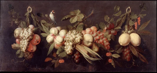 Natureza morta com frutas e um pássaro