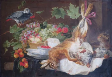 Lebre, fruta e papagaio