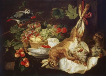 Lebre, fruta e papagaio