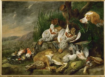 Lebres e aves domésticas observadas por um cão (pintura sobre tela)