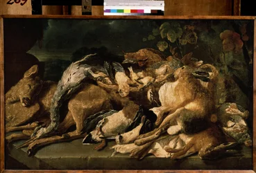 ""Natureza morta com jogo"" (Natureza morta) Lebre, corça, patos. Pintura de Jan (Johannes) Fyt (1611-1661) 1640 Museu Pushkin, Moscou
