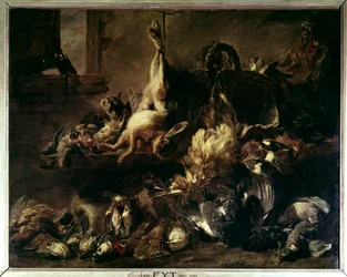 Espalhamento da caça em um guarda comendo com um gato e dois macacos Pintura por Jan Fyt (1611-1661) (ec.flam.) Sol do século 17. 0,86 X 1,76 m Paris, musee du Louvre