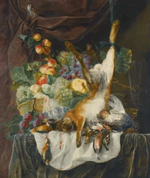 Natureza-morta de uma lebre, caça e aves canoras antes de uma natureza-morta de frutos num cesto sobre um parapeito