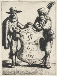 Homem elegante e um limpador de chaminés perto de um brasão Figuras em pé (título da série)