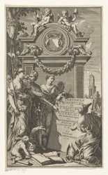 A justiça ensina as leis de Utrecht Costumen Usantien e policial da cidade de Utrecht (título no objeto) Página de título para Willem Van der Meulen, Costumen, usantien, policien ende style van literen, der Stadt Utrecht, 1709