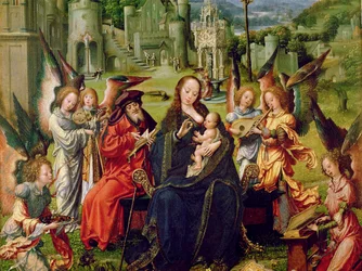 Músicos de anjo, detalhe de um painel central de um tríptico mostrando a Sagrada Família com Santa Catarina e São Barabara (óleo sobre madeira)