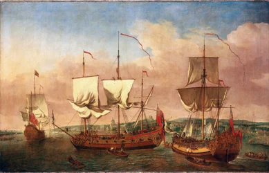 O navio "Peregrine" e outras embarcações reais, ao largo de Greenwich, cerca de 1710. Óleo sobre tela, cerca de 1710-1715, de Jan Griffier (1645-1718).