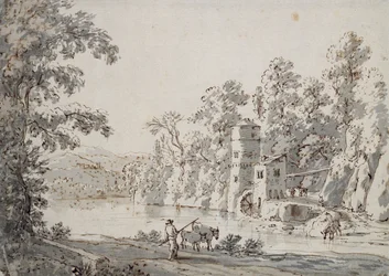 The Watermill by the Ford (caneta e tinta marrom e cinza no papel)