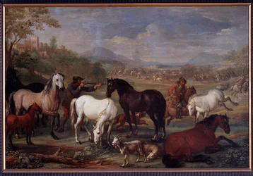 Paisagens com Cavalos Pintura de Jan Hamilton (século XVII) Dim 60x90 cm Genes, Musei di Strada Nuova (ex Palazzo Bianco)