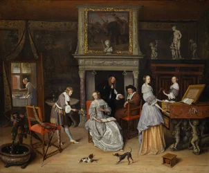 Fantasy Interior com Jan Steen e a família de Gerrit Schouten, c.1659-60 (óleo sobre tela)