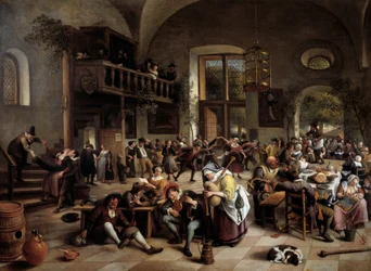 Festa numa estalagem Músicos, tocadores, homens e mulheres de pessoas que bebem - Pintura de Jan Havicksz (Havickszoon) Steen (1626-1679)