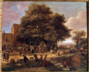 O jogo de boliche Grupo de camponeses jogando e descansando em um pátio de fazenda. Pintura de Jan Steen (1626-1679)