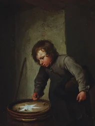 Menino, tocando, com, mármores