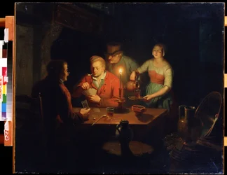 Jogo de cartas. Pintura de Jan Hendrik van Grootveld (1808-1855). Óleo sobre madeira, 70 x 93 cm, arte holandesa do século XIX. Museu do Extremo Oriente, Khabarovsk (Rússia).