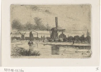 Paisagem fluvial com moinhos
