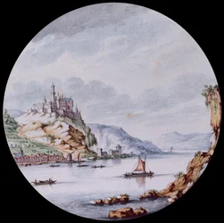 Uma vista ao longo do Reno com a Village St. Goar e o Castelo Rheinfels (chumbo preto, caneta, tinta cinzenta e aguarela)