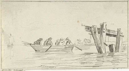 Barco a remo com figuras num rio