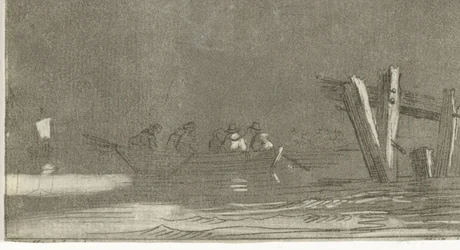 Barco a remo com figuras em um rio