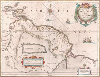 Um mapa criado por volta de 1649 descrevendo a região da Guiana. Território reclamado por Espanha a vermelho a oeste, Guiana holandesa destacada em amarelo e território português a vermelho a sudeste. O mítico lago Parime é também visível