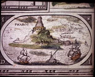 Representação das Sete Maravilhas da Antiguidade: o Farol de Alexandria. no Atlas por Jansson Jannsonius impresso em Amesterdão em 1630