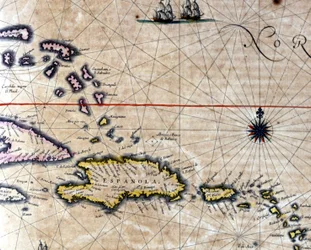 O Caribe e a Ilha das Tartarugas (Noroeste de Santo Domingo) em um mapa do cartógrafo holandês Jansson Janssonius. Século XVII