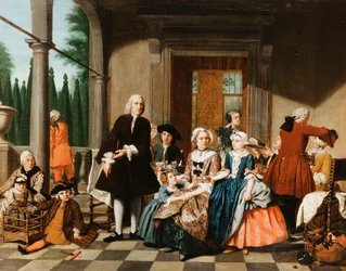 Retrato de uma família jantando em um pórtico, um jardim formal além, 1747