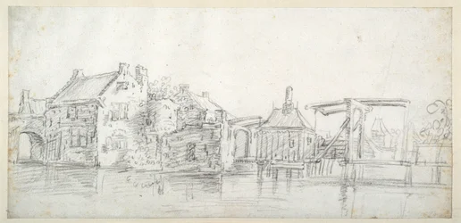 Um canal com edifícios, incluindo uma casa de portagem e uma ponte com portagem, c.1650 (giz preto sobre papel branco)