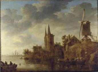 Uma paisagem fluvial com um capriccio do Oostport, Delft, c.1644 (óleo sobre tela)