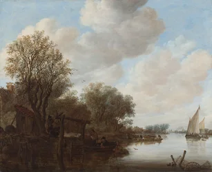 Uma paisagem fluvial com figuras ao lado de uma comporta, um ferryboat e uma torre de igreja ao longe