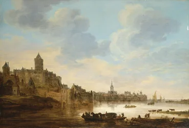 Uma cidade às margens de um rio, com uma balsa, 1648