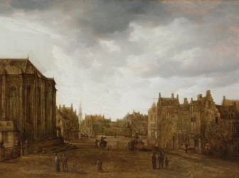 Vista de uma cidade holandesa com figuras numa estrada (óleo sobre painel)